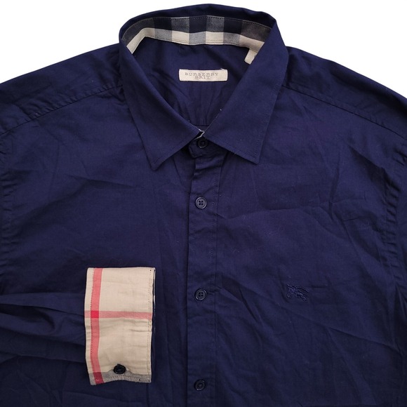 Burberry Other - Burberry Button Up Shirt Mens Large Navy Blue Nova Check Flip Cuff Slim Fit